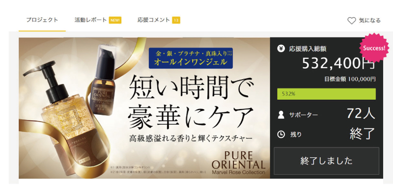 「Makuake(マクアケ)」目標達成