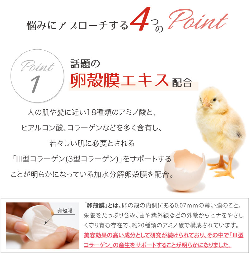 悩みにアプローチする4つのポイントpoint1.話題の卵殻膜エキス配合